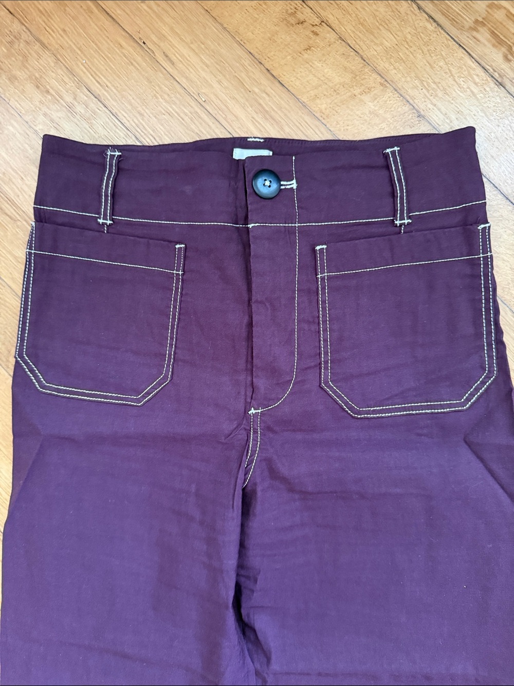 Maeve by Anthropology- Cropped Wide-Leg Pants in Plum with White Stitching - Picture 2 of 7